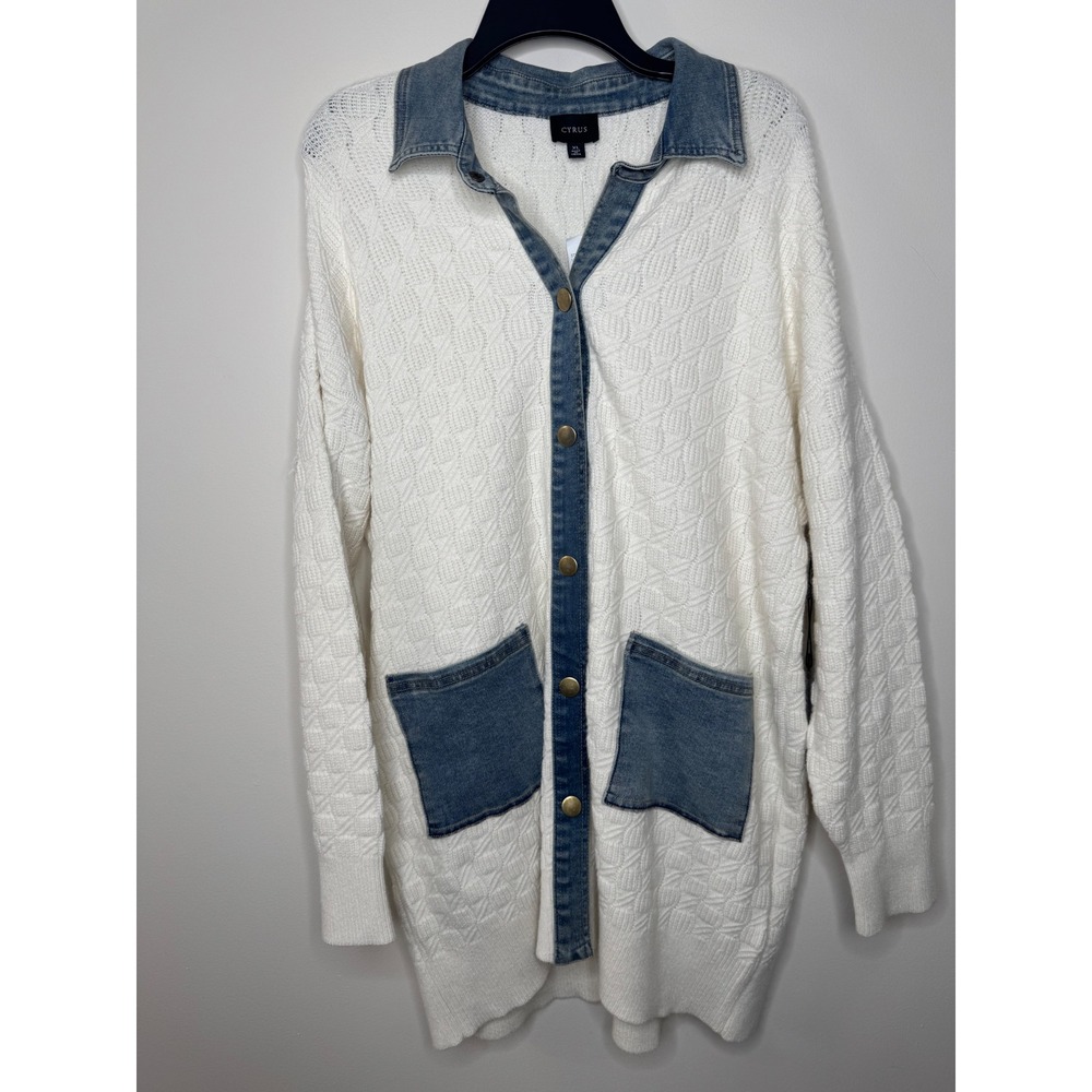 Cyrus Womens Cream Denim Trim Mixed Media Longline Cardigan Sweater XL